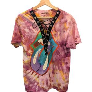 Upcycled Women's Rolling Stones Pink Organge Tie-Dye Lace-Up Tee Size M